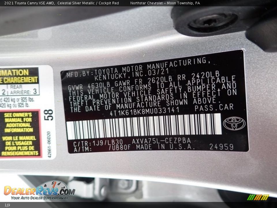 Toyota Color Code 1J9 Celestial Silver Metallic