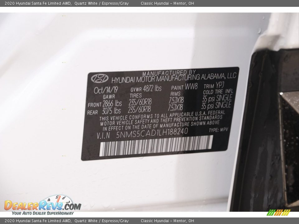 2020 Hyundai Santa Fe Limited AWD Quartz White / Espresso/Gray Photo #22