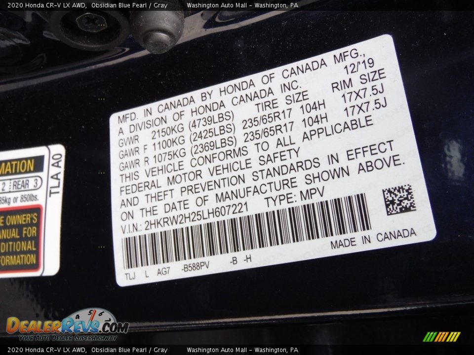 2020 Honda CR-V LX AWD Obsidian Blue Pearl / Gray Photo #29