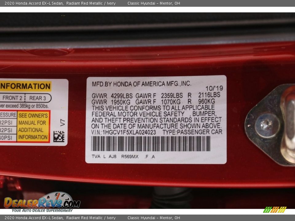 2020 Honda Accord EX-L Sedan Radiant Red Metallic / Ivory Photo #23