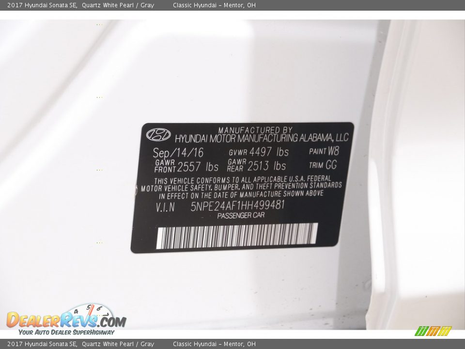 2017 Hyundai Sonata SE Quartz White Pearl / Gray Photo #20
