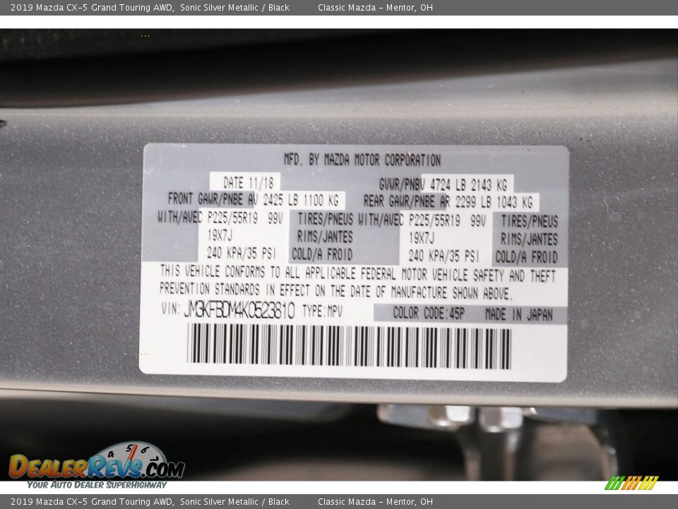 2019 Mazda CX-5 Grand Touring AWD Sonic Silver Metallic / Black Photo #20