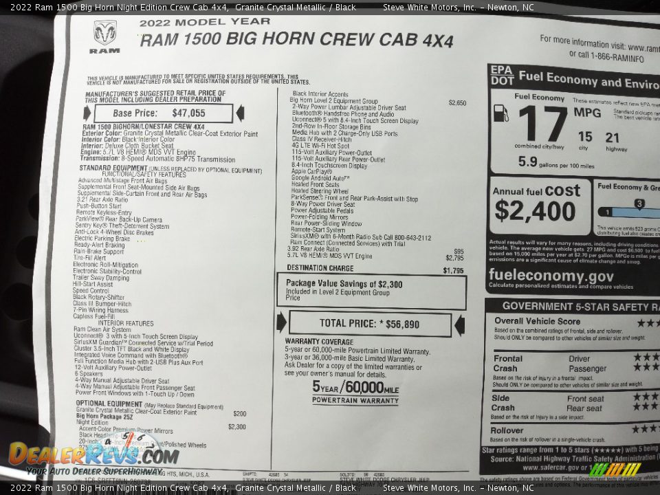 2022 Ram 1500 Big Horn Night Edition Crew Cab 4x4 Window Sticker Photo #29