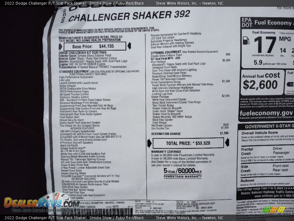 2022 Dodge Challenger R/T Scat Pack Shaker Window Sticker Photo #26