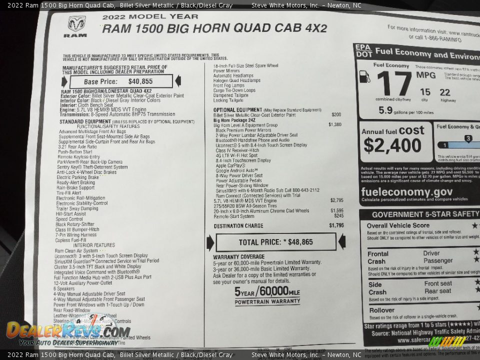 2022 Ram 1500 Big Horn Quad Cab Window Sticker Photo #27