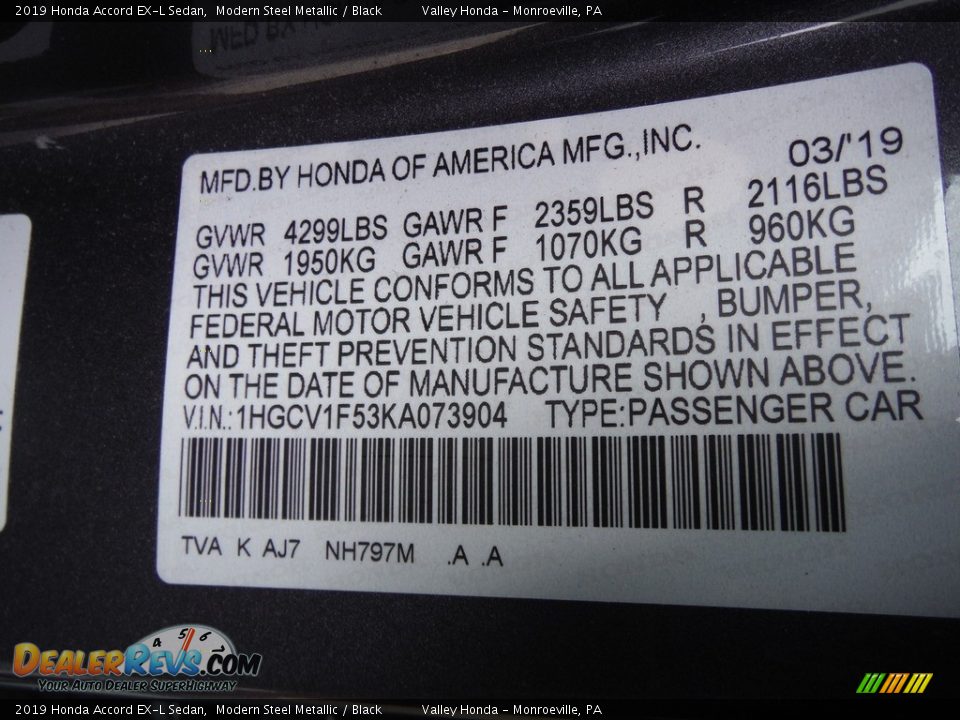 2019 Honda Accord EX-L Sedan Modern Steel Metallic / Black Photo #33