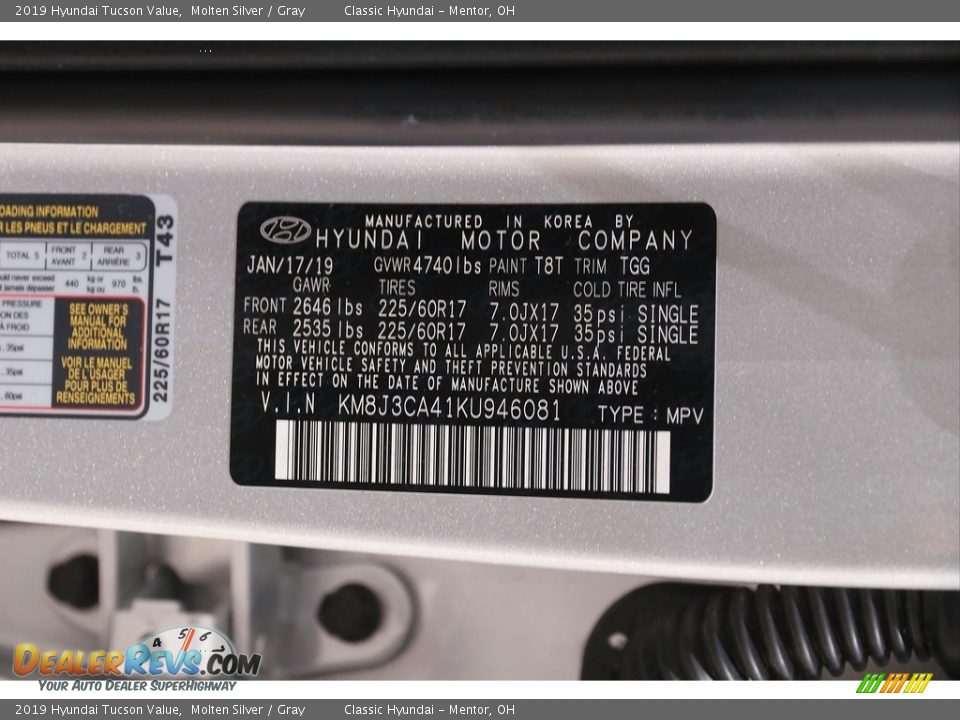 2019 Hyundai Tucson Value Molten Silver / Gray Photo #19