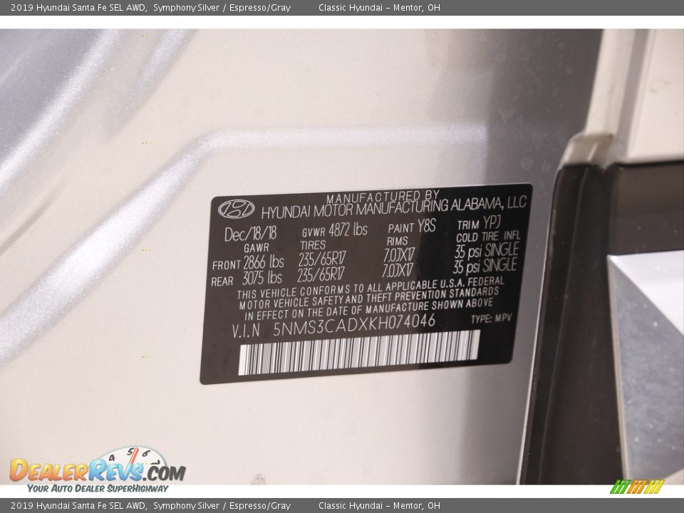 2019 Hyundai Santa Fe SEL AWD Symphony Silver / Espresso/Gray Photo #19