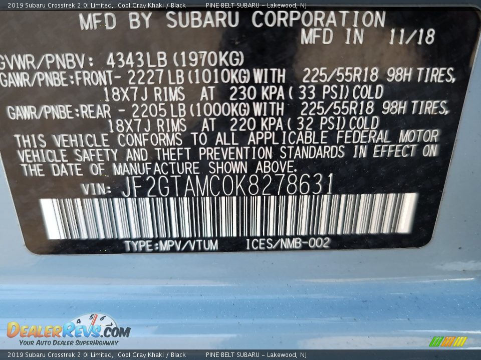 2019 Subaru Crosstrek 2.0i Limited Cool Gray Khaki / Black Photo #36