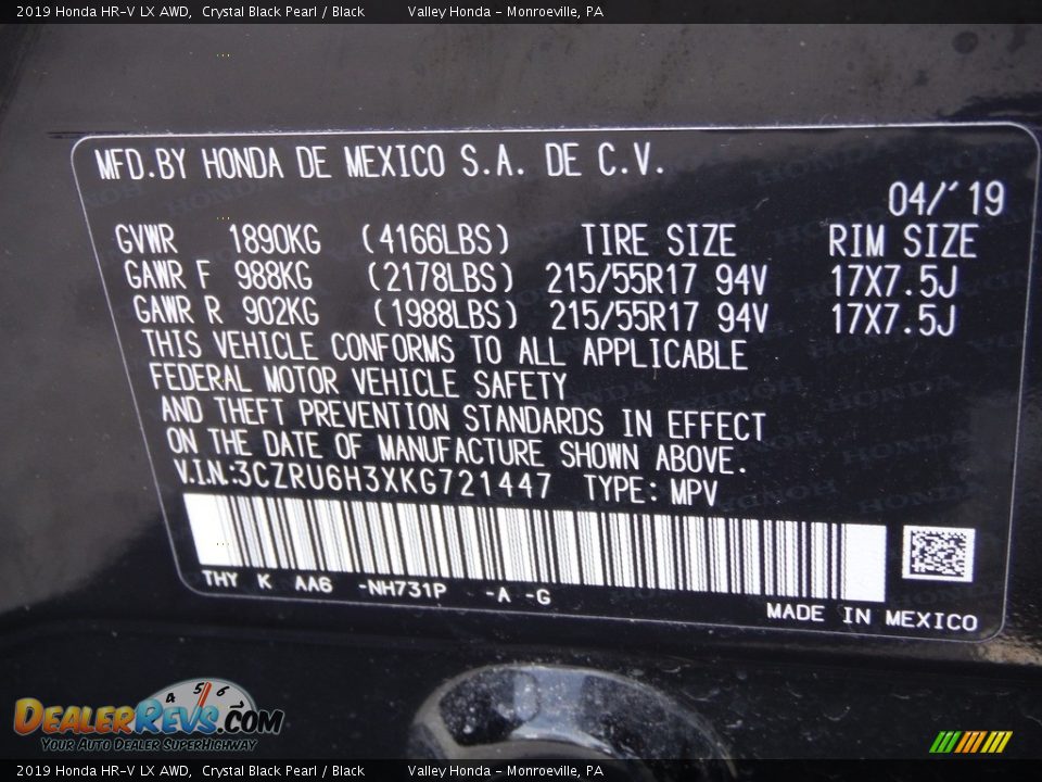 2019 Honda HR-V LX AWD Crystal Black Pearl / Black Photo #27