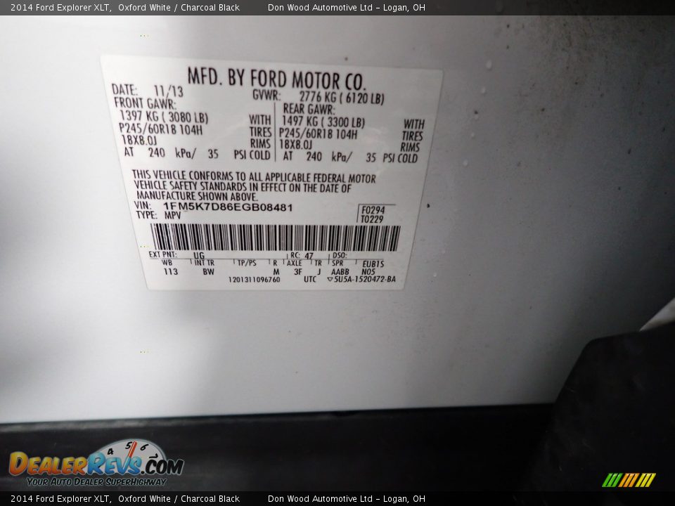 2014 Ford Explorer XLT Oxford White / Charcoal Black Photo #36