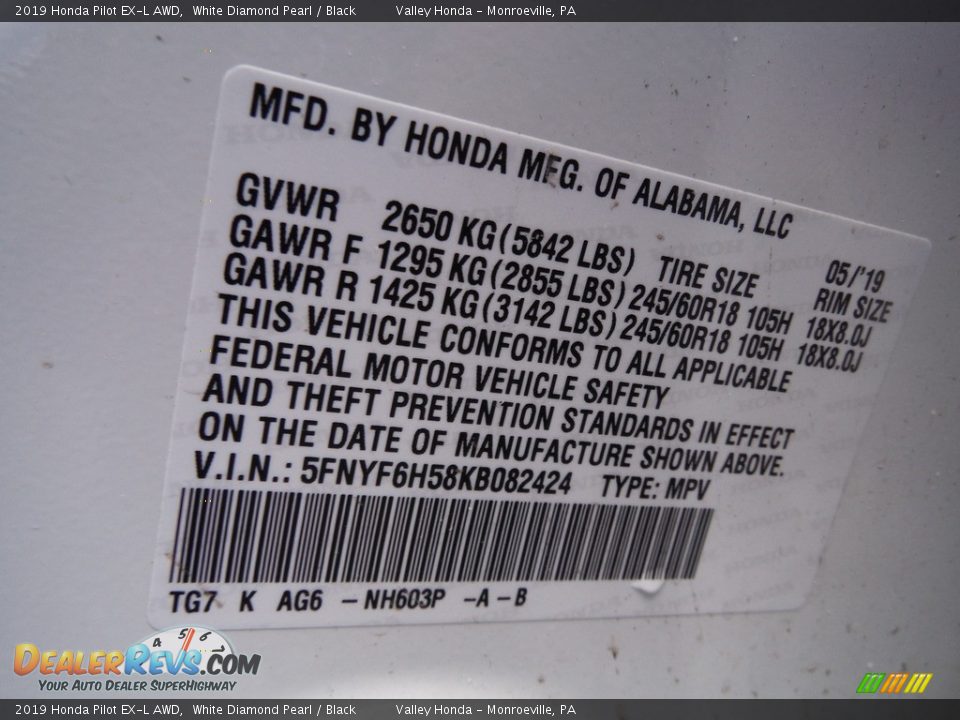2019 Honda Pilot EX-L AWD White Diamond Pearl / Black Photo #33