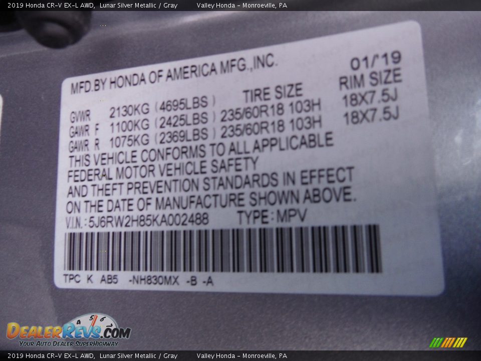 2019 Honda CR-V EX-L AWD Lunar Silver Metallic / Gray Photo #35