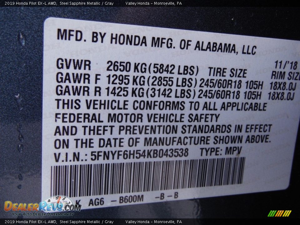 2019 Honda Pilot EX-L AWD Steel Sapphire Metallic / Gray Photo #33