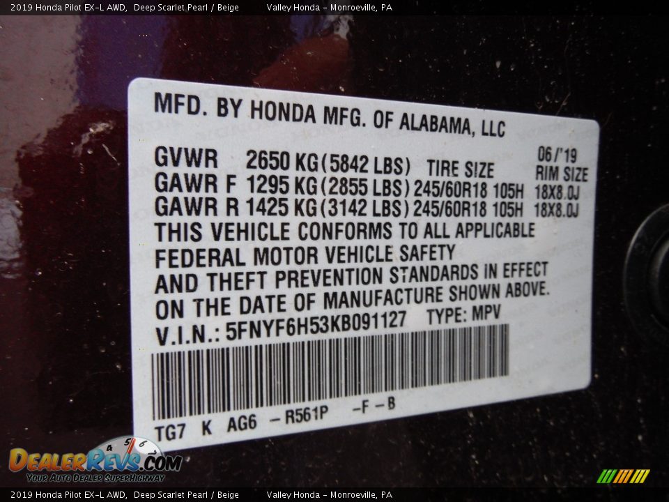 2019 Honda Pilot EX-L AWD Deep Scarlet Pearl / Beige Photo #32