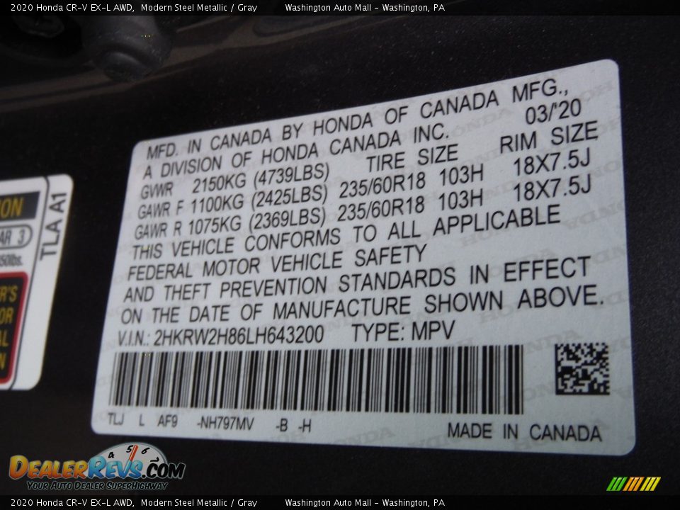 2020 Honda CR-V EX-L AWD Modern Steel Metallic / Gray Photo #29