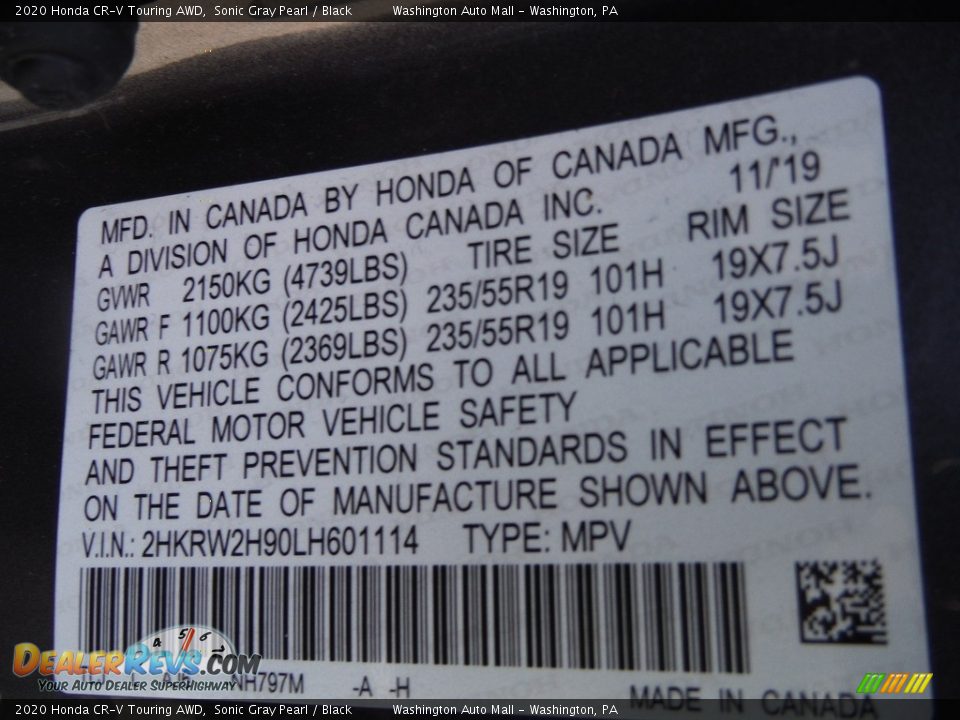 2020 Honda CR-V Touring AWD Sonic Gray Pearl / Black Photo #33