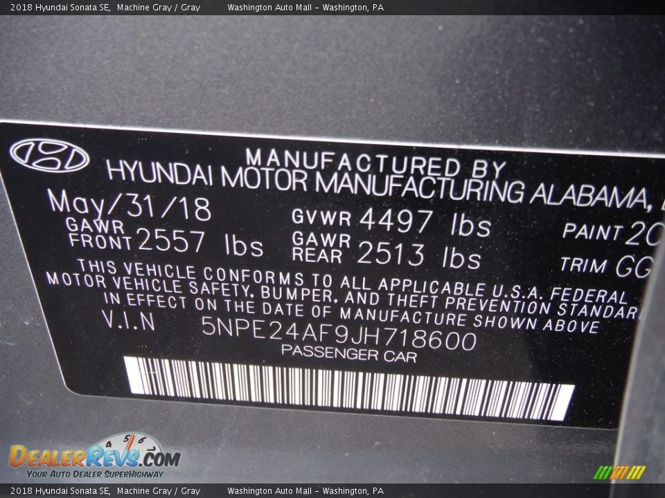 2018 Hyundai Sonata SE Machine Gray / Gray Photo #26