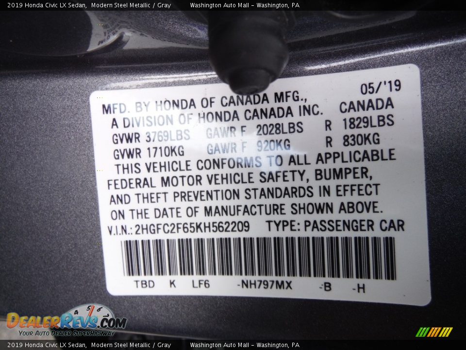 2019 Honda Civic LX Sedan Modern Steel Metallic / Gray Photo #29