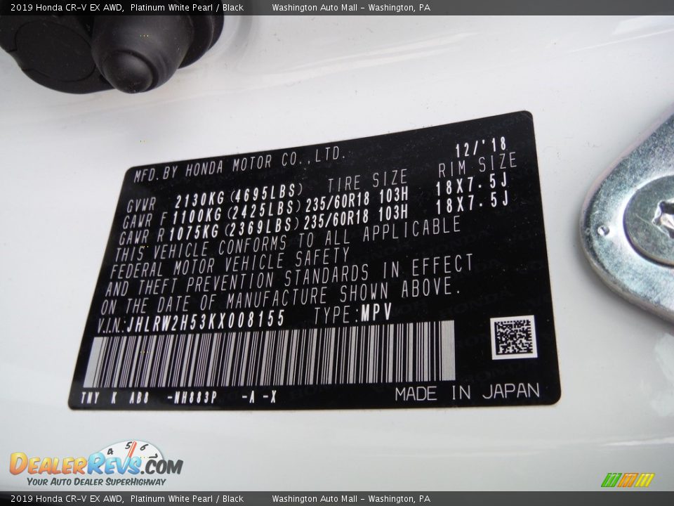 2019 Honda CR-V EX AWD Platinum White Pearl / Black Photo #31