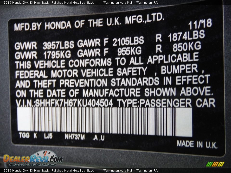 2019 Honda Civic EX Hatchback Polished Metal Metallic / Black Photo #31