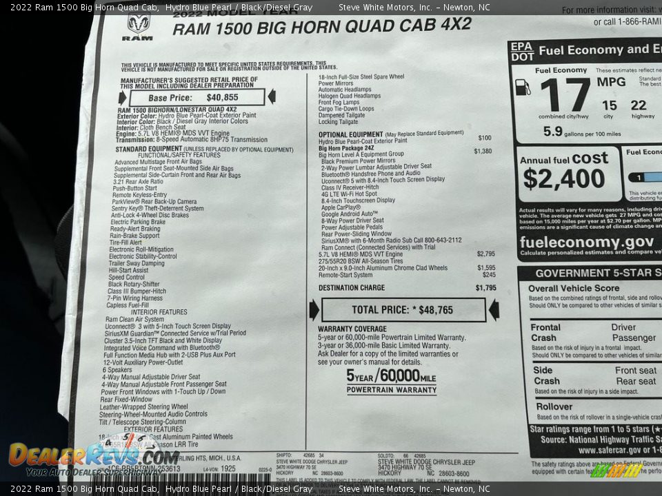 2022 Ram 1500 Big Horn Quad Cab Window Sticker Photo #27