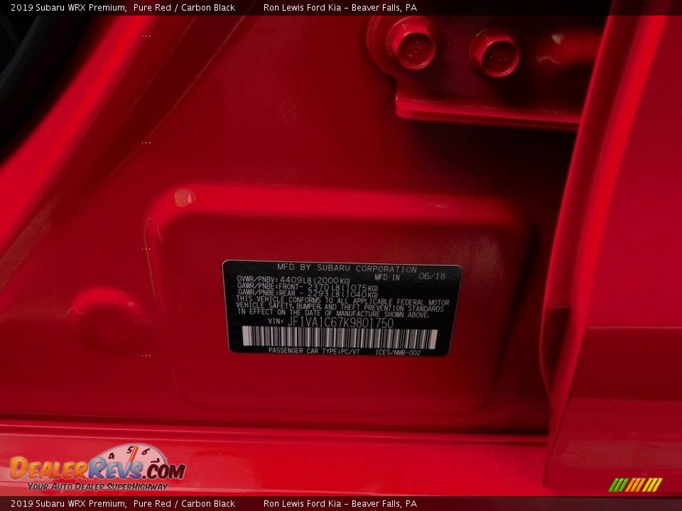 2019 Subaru WRX Premium Pure Red / Carbon Black Photo #22