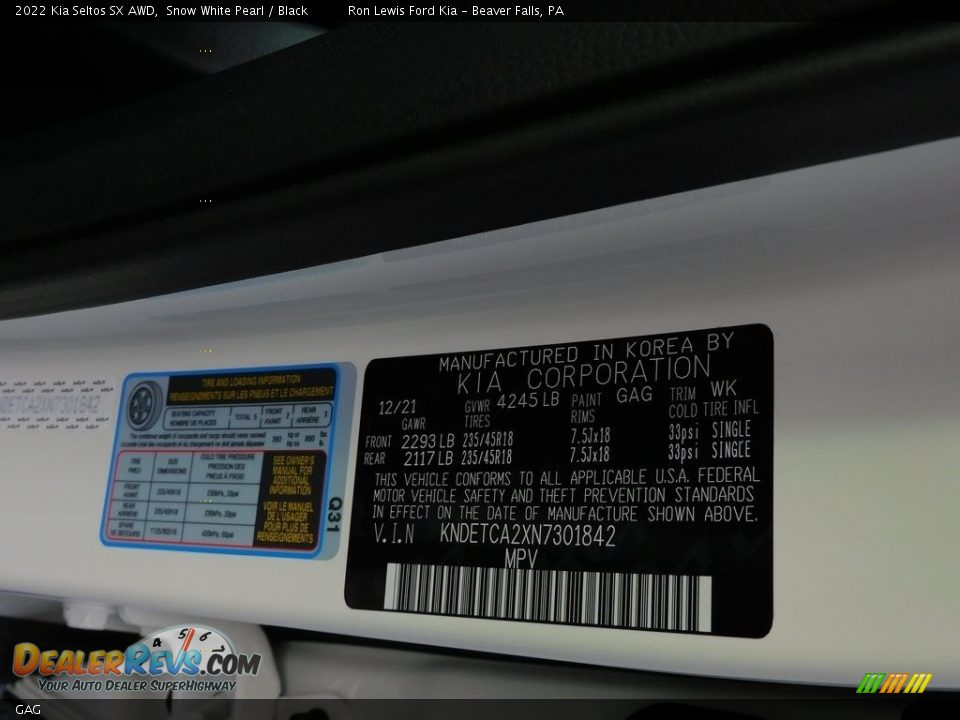 Kia Color Code GAG Snow White Pearl