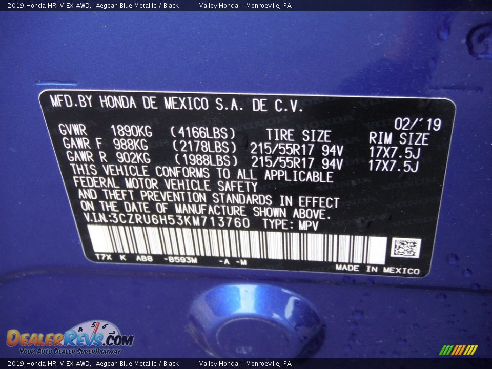 2019 Honda HR-V EX AWD Aegean Blue Metallic / Black Photo #27