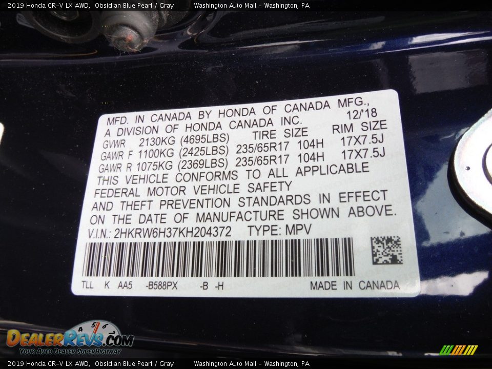 2019 Honda CR-V LX AWD Obsidian Blue Pearl / Gray Photo #26
