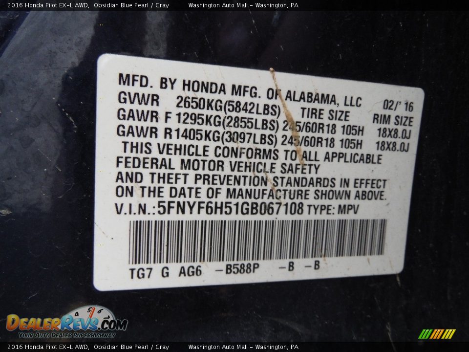 2016 Honda Pilot EX-L AWD Obsidian Blue Pearl / Gray Photo #35