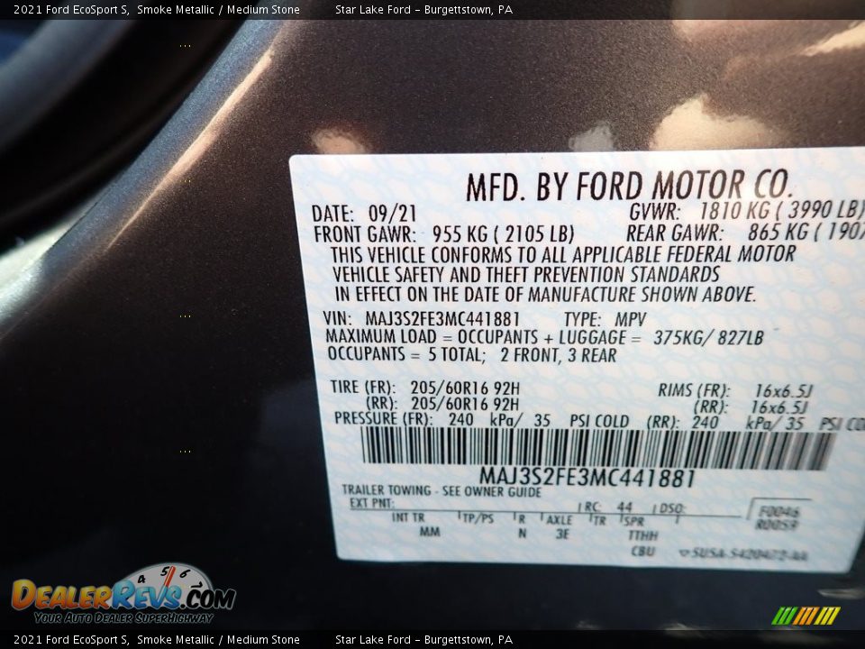 2021 Ford EcoSport S Smoke Metallic / Medium Stone Photo #14