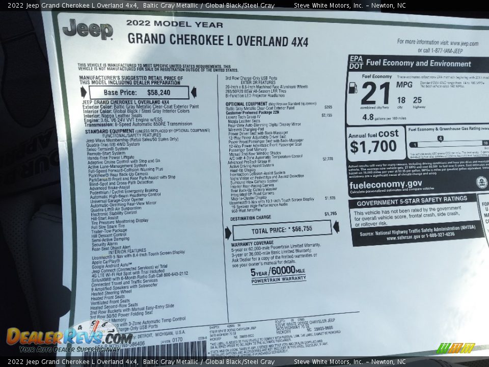 2022 Jeep Grand Cherokee L Overland 4x4 Baltic Gray Metallic / Global Black/Steel Gray Photo #34