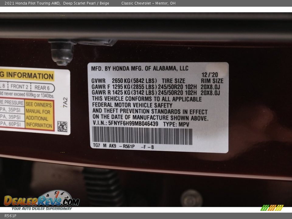 Honda Color Code R561P Deep Scarlet Pearl