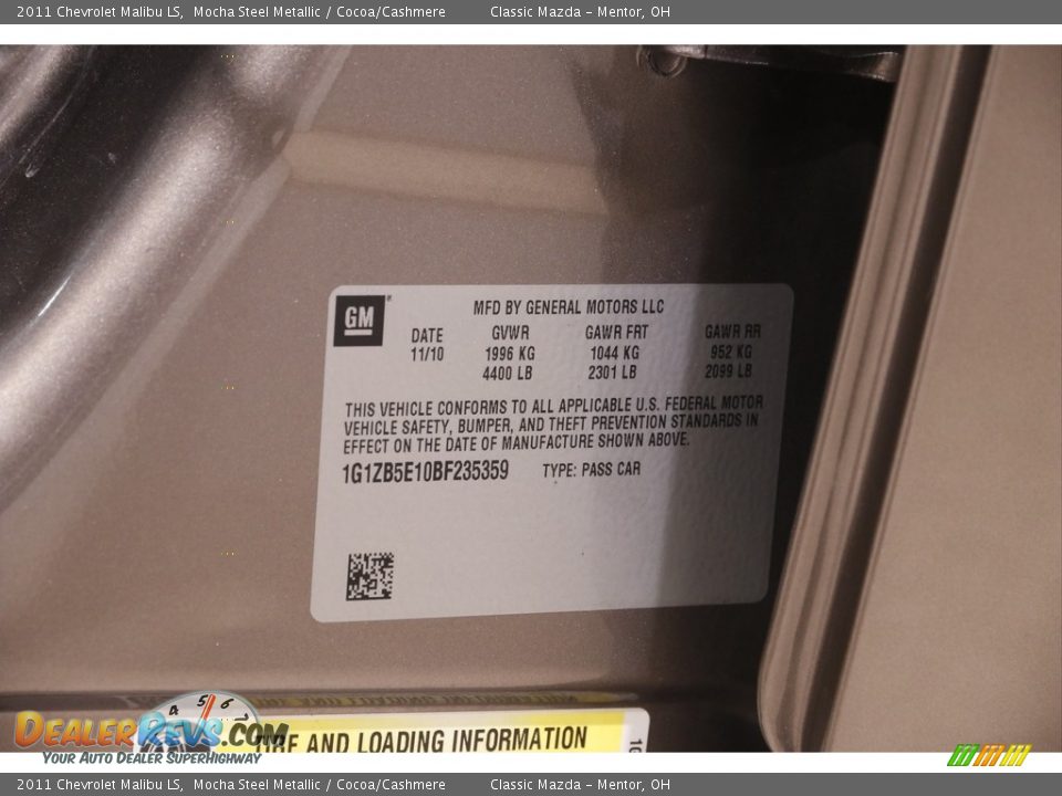 2011 Chevrolet Malibu LS Mocha Steel Metallic / Cocoa/Cashmere Photo #17