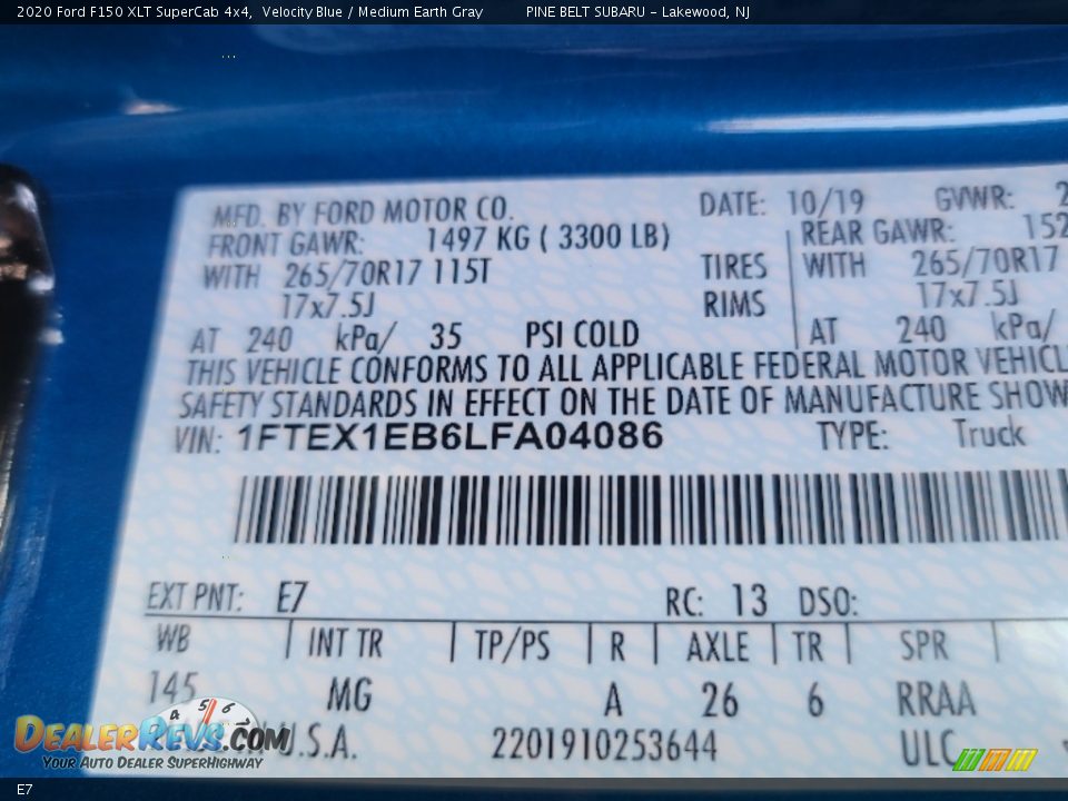 Ford Color Code E7 Velocity Blue