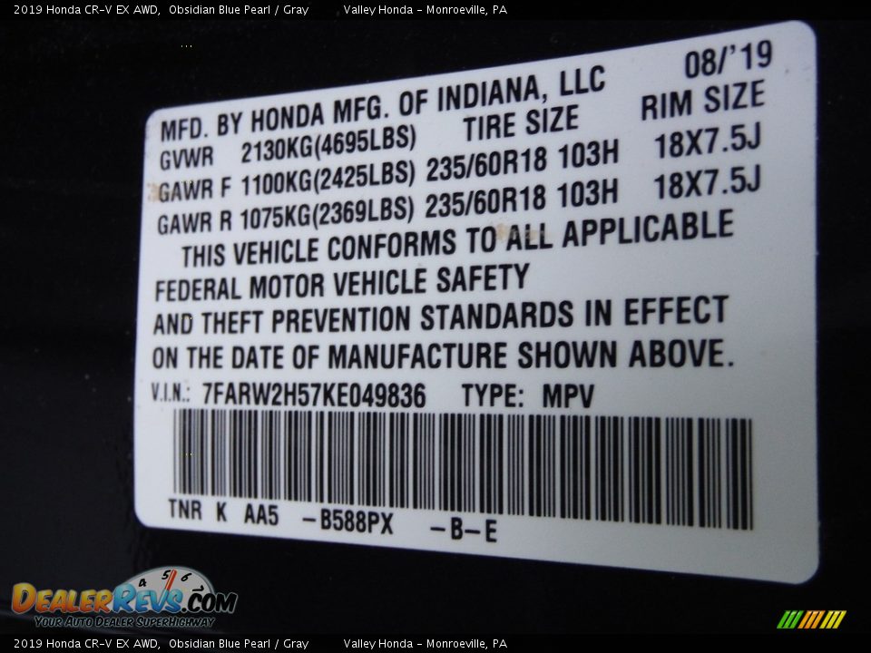 2019 Honda CR-V EX AWD Obsidian Blue Pearl / Gray Photo #29