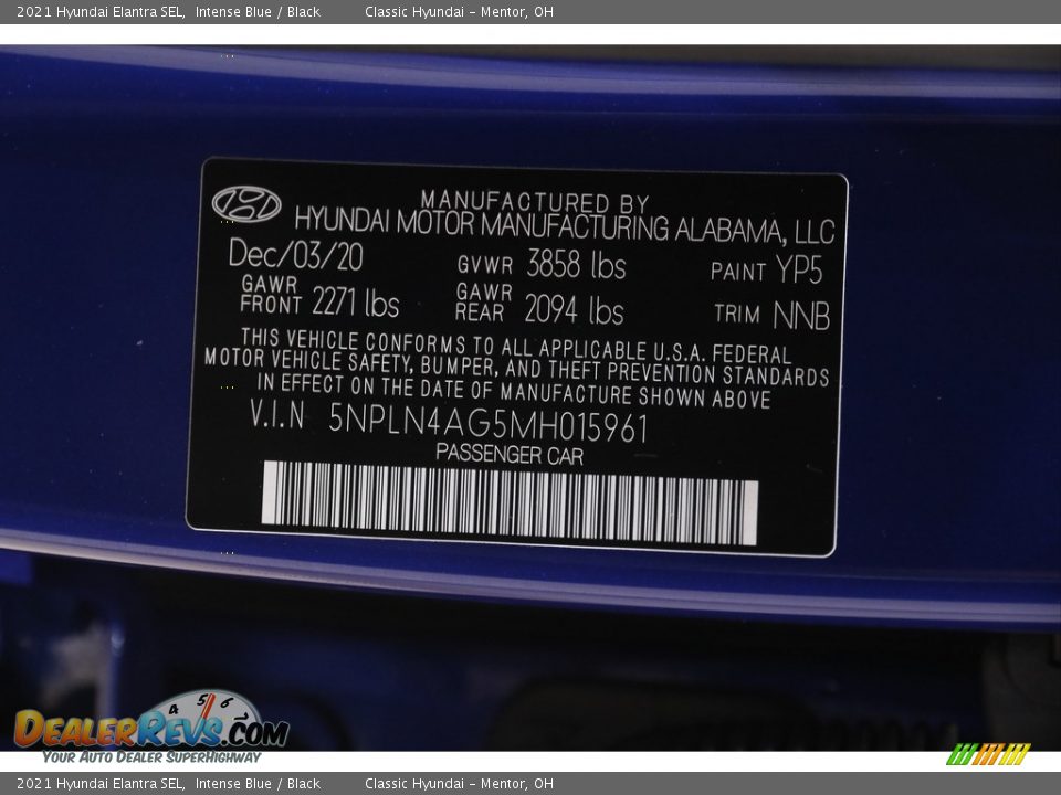 2021 Hyundai Elantra SEL Intense Blue / Black Photo #20