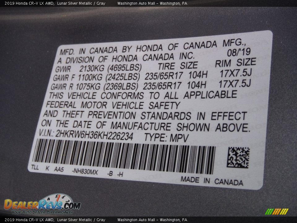 2019 Honda CR-V LX AWD Lunar Silver Metallic / Gray Photo #26