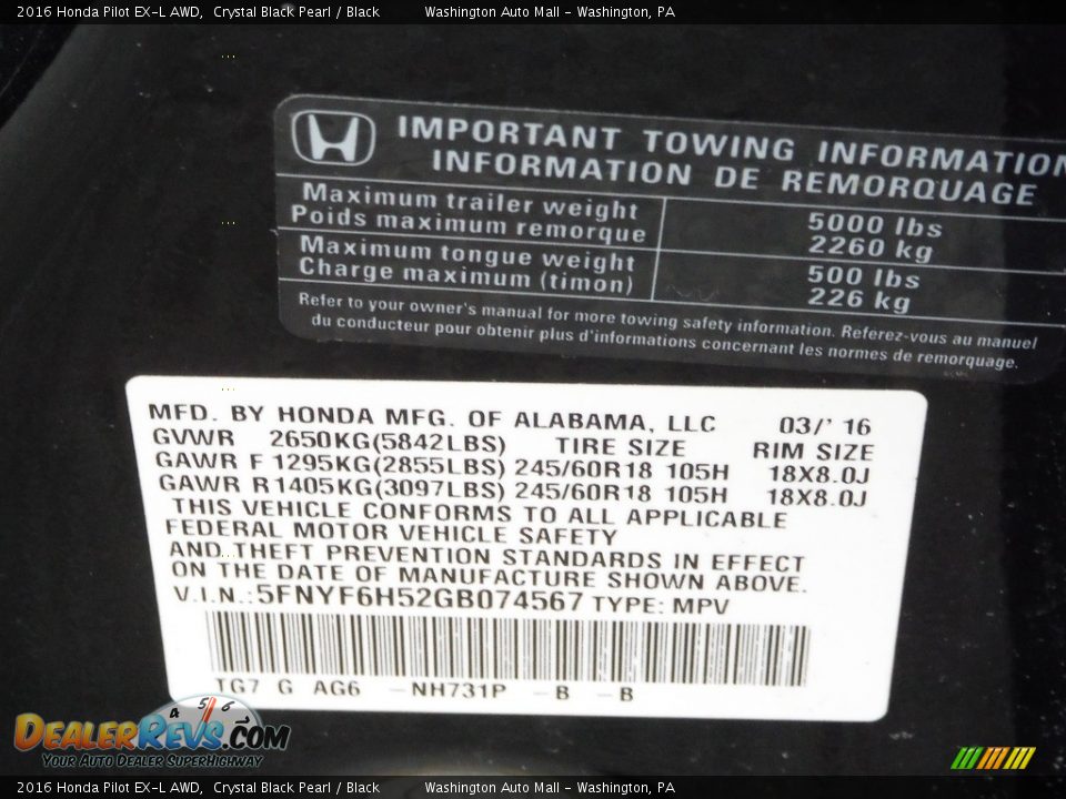 2016 Honda Pilot EX-L AWD Crystal Black Pearl / Black Photo #34