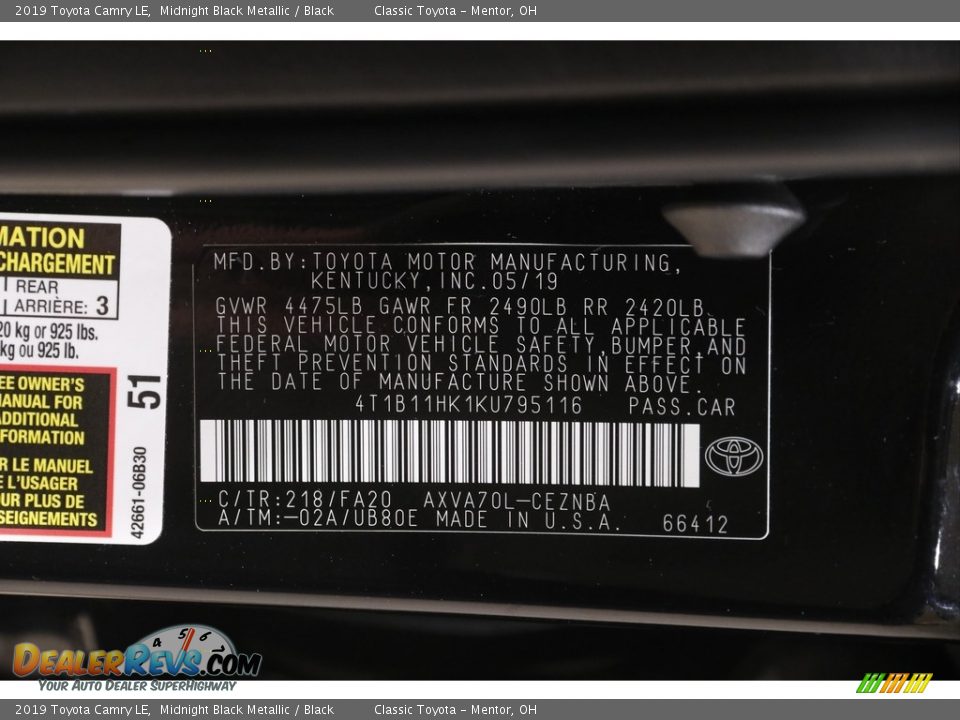 2019 Toyota Camry LE Midnight Black Metallic / Black Photo #19