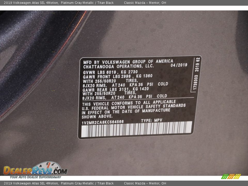 2019 Volkswagen Atlas SEL 4Motion Platinum Gray Metallic / Titan Black Photo #22
