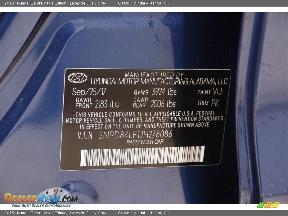 2018 Hyundai Elantra Value Edition Lakeside Blue / Gray Photo #19