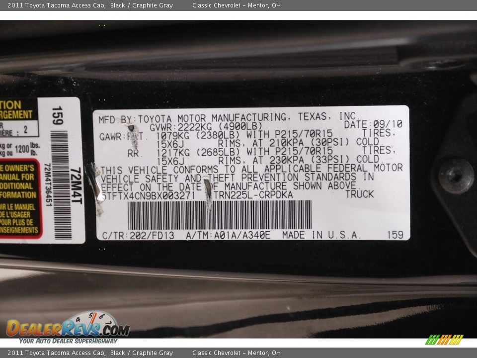 2011 Toyota Tacoma Access Cab Black / Graphite Gray Photo #16