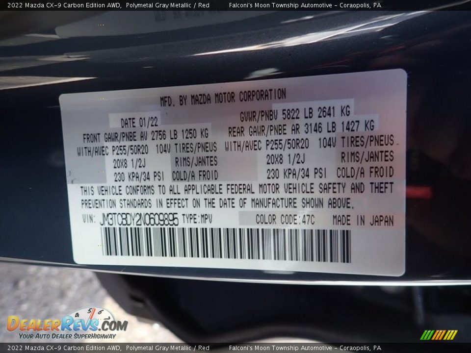 2022 Mazda CX-9 Carbon Edition AWD Polymetal Gray Metallic / Red Photo #18