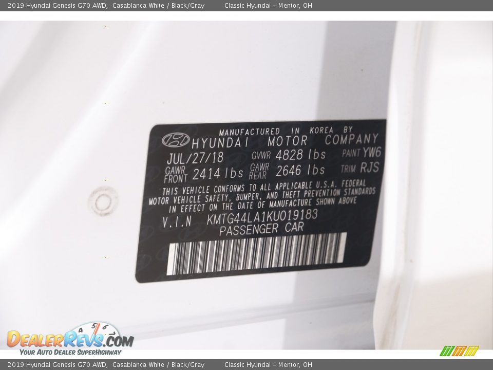2019 Hyundai Genesis G70 AWD Casablanca White / Black/Gray Photo #23