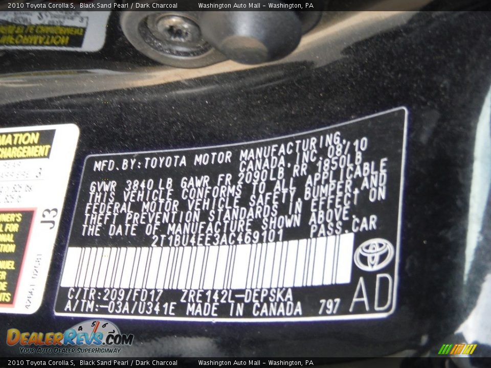 2010 Toyota Corolla S Black Sand Pearl / Dark Charcoal Photo #27