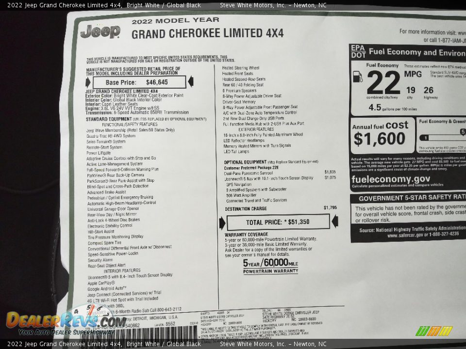 2022 Jeep Grand Cherokee Limited 4x4 Window Sticker Photo #30