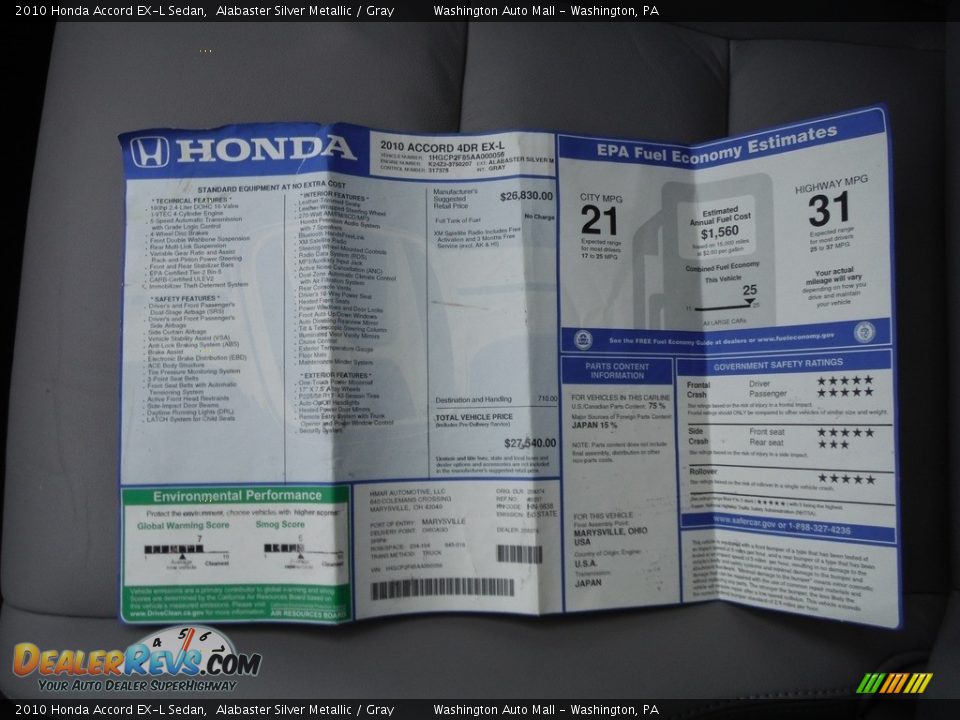 2010 Honda Accord EX-L Sedan Alabaster Silver Metallic / Gray Photo #30