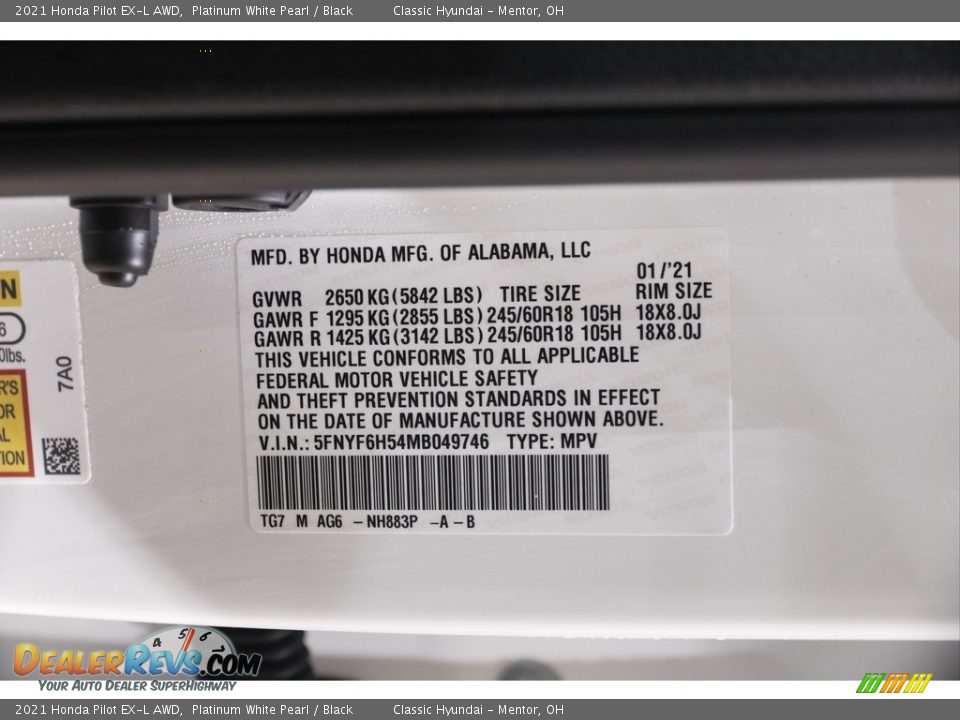2021 Honda Pilot EX-L AWD Platinum White Pearl / Black Photo #22